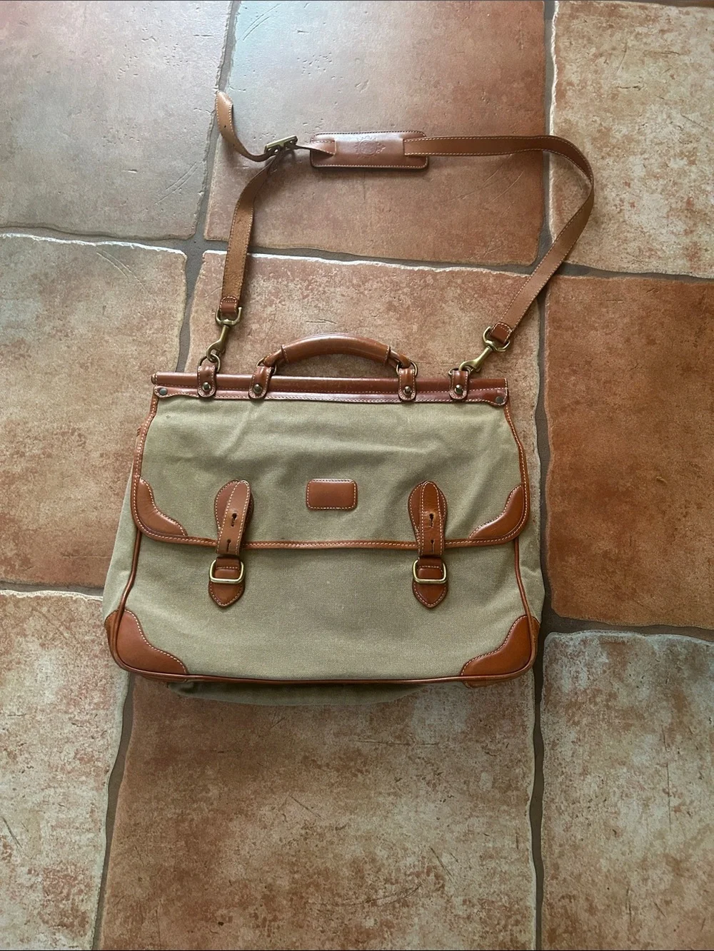 Canvas and Leather Satchel Shoulder Bag in Tan and Cream